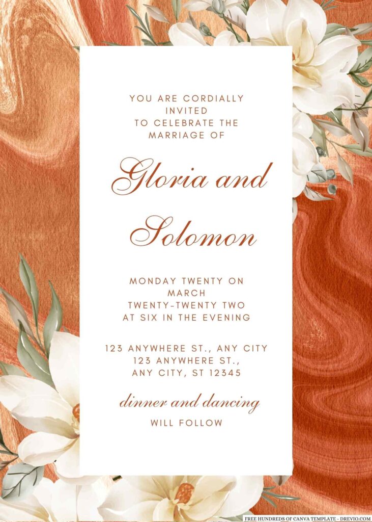 Free Editable Terracotta Magnolia White Floral Wedding Invitation