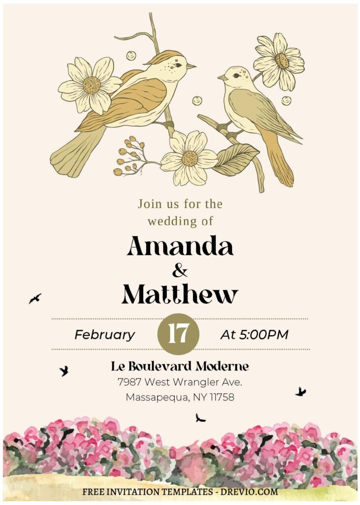 (Free Editable PDF) Rustic Bird Cage Floral Wedding Invitation Templates  with beautiful bird and daisy flowers