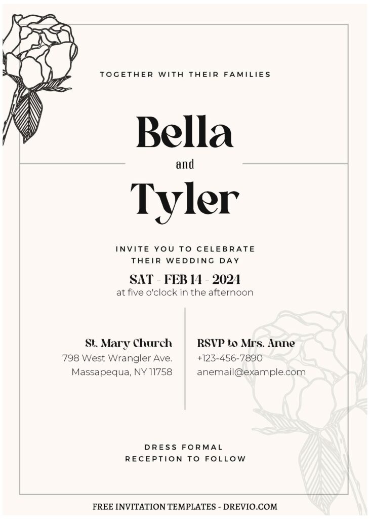 Invitation Template of (Free Editable PDF) Hand Drawn Floral Linework Wedding Invitation Templates 1