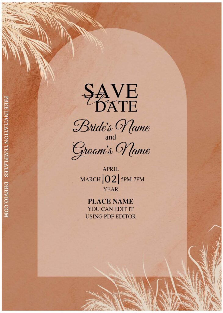 (Free Editable PDF) Dusty Mauve Boho Wedding Invitation Templates with rustic brown beige background