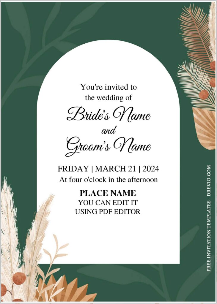 (Free Editable PDF) Soothing Garden Inspired Wedding Invitation Templates with pampas grass