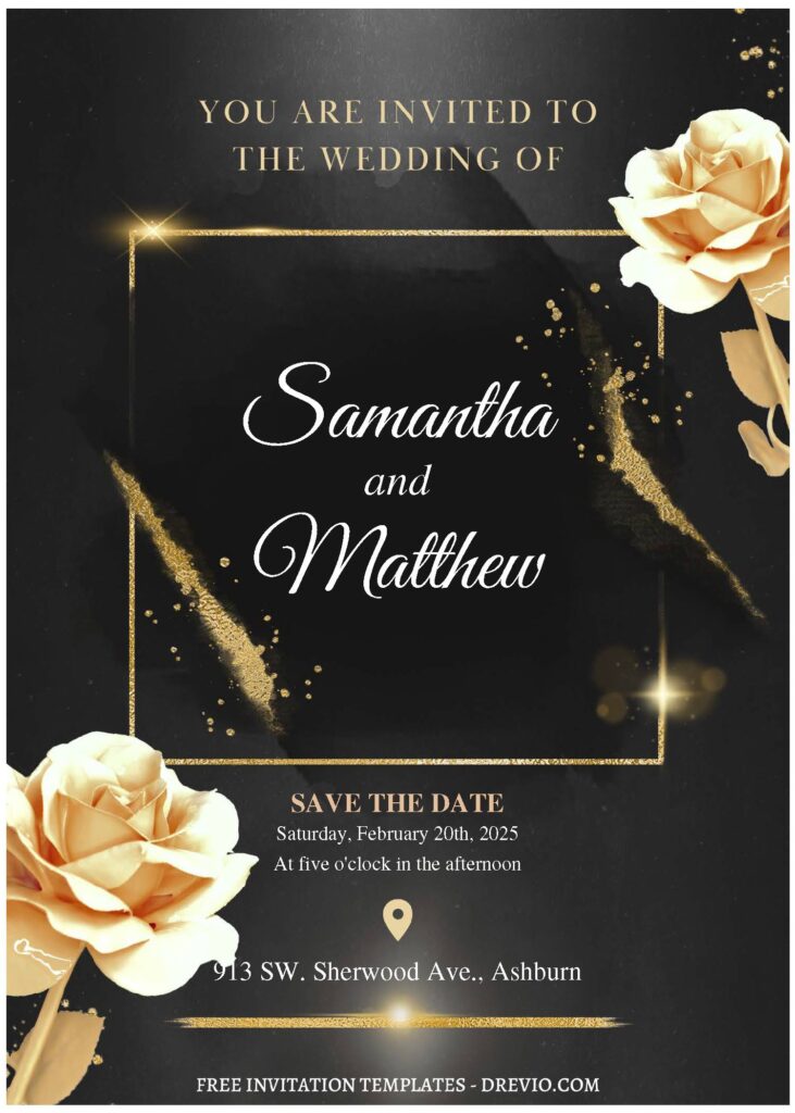 (Free Editable PDF) Stunning Floral & Gold Foil Wedding Invitation Templates with sparkling gold glitter