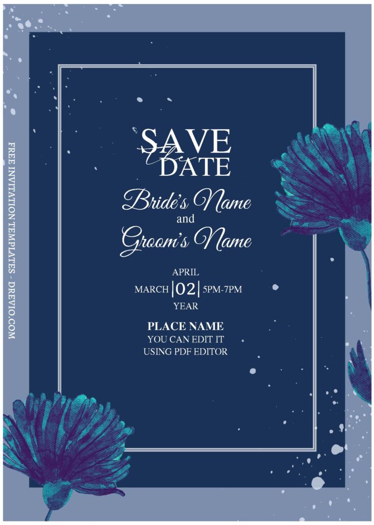 Invitation Template of (Free Editable PDF) Dusty Dark Blue Floral Wedding Invitation Templates 1