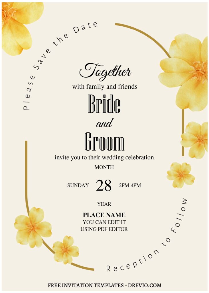 (Free Editable PDF) Autumn Floral Countryside Wedding Invitation Templates with minimalist arch frame