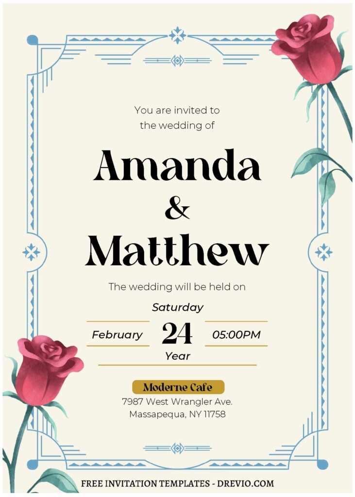 (Free Editable PDF) Aesthetic Floral Art Deco Wedding Invitation Templates with beautiful rose