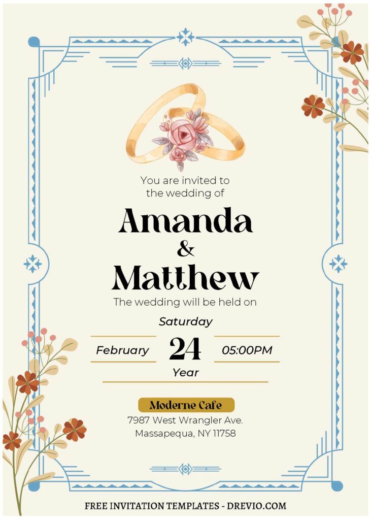 (Free Editable PDF) Aesthetic Floral Art Deco Wedding Invitation Templates with wedding ring