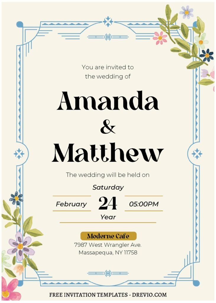 (Free Editable PDF) Aesthetic Floral Art Deco Wedding Invitation Templates with modern monoline frame
