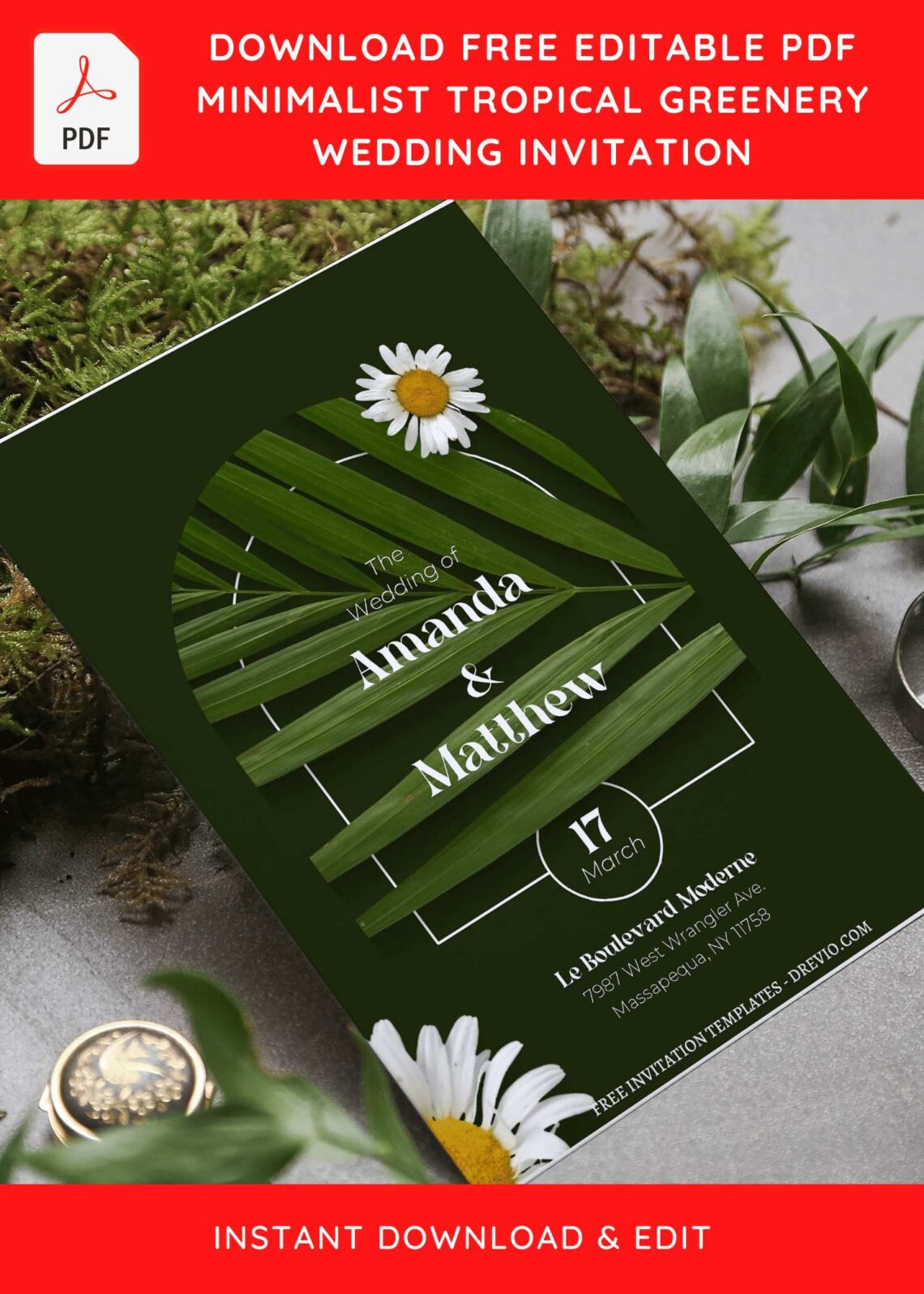 (Free Editable PDF) Stylish Tropical Foliage Wedding Invitation Templates with Gerbera daisy