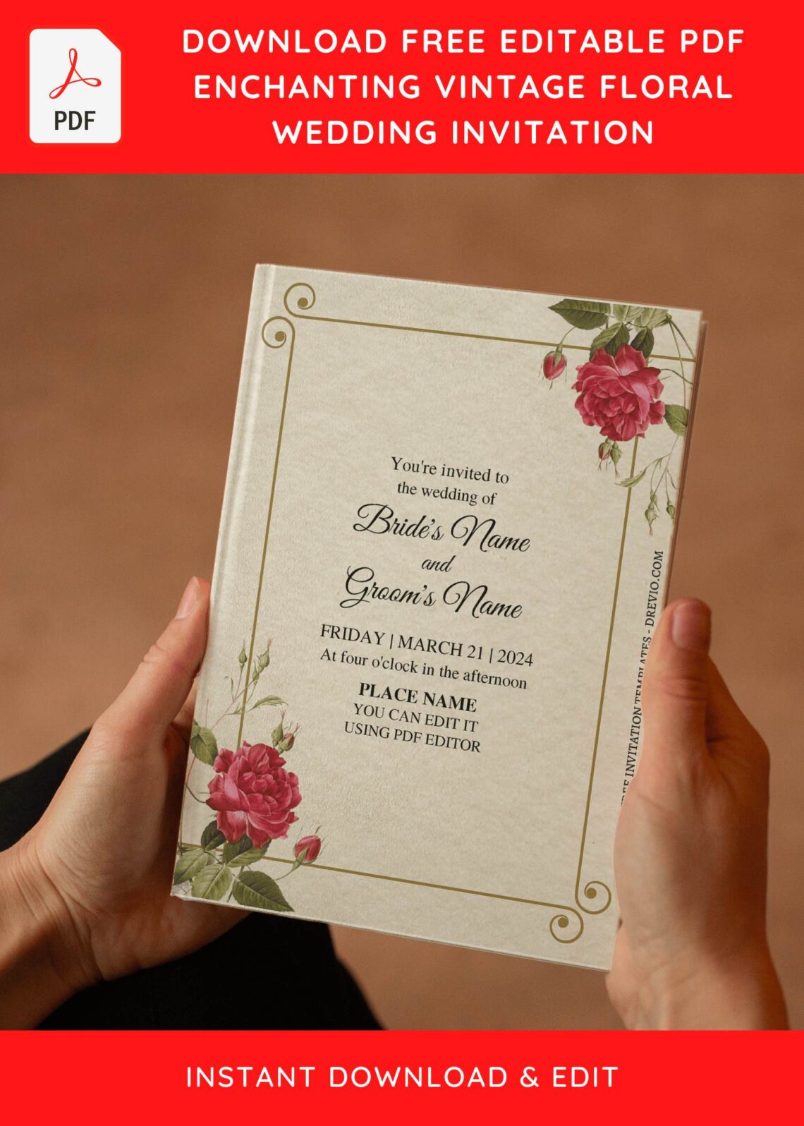 (Free Editable PDF) Simple Vintage Floral Wedding Invitation Templates ...