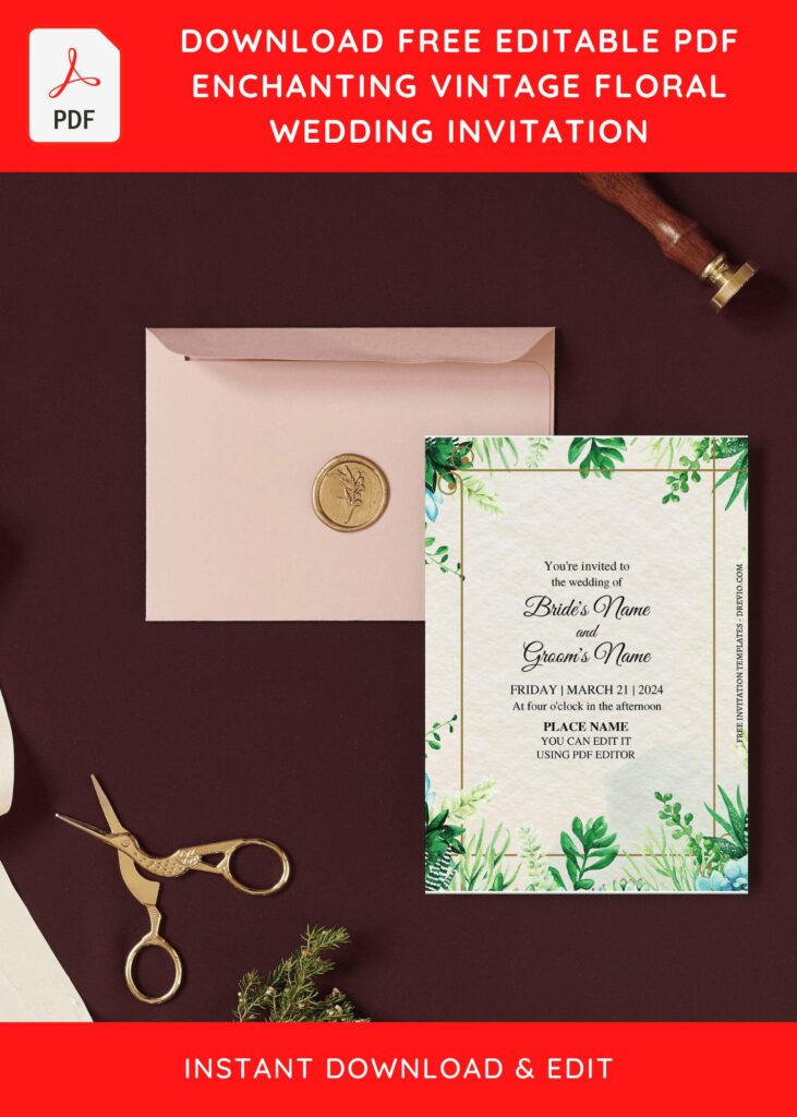 Invitation Template of (Free Editable PDF) Simple Vintage Floral Wedding Invitation Templates 6