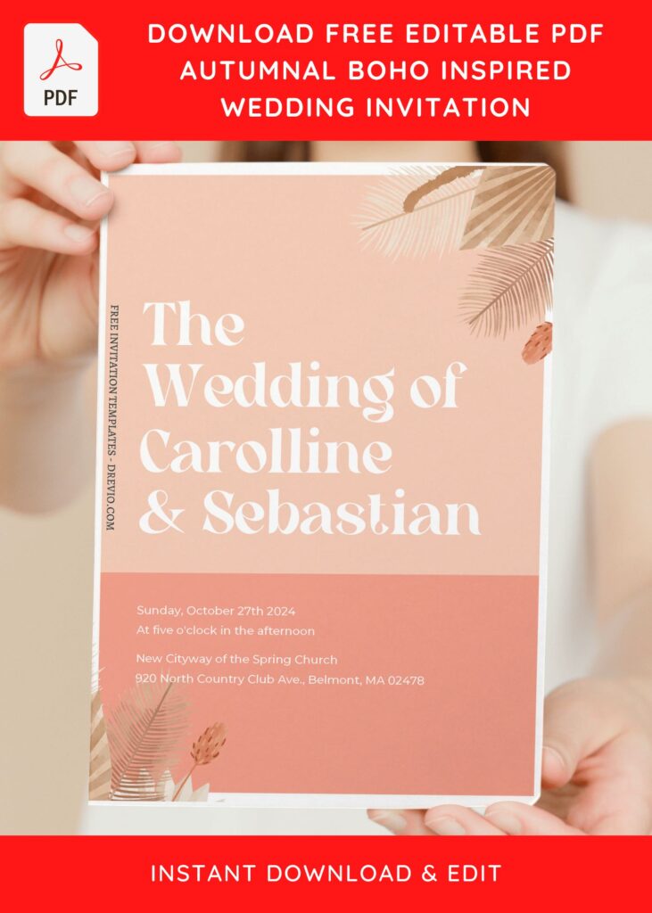 (Free Editable PDF) Dreamy Modern Boho Wedding Invitation Templates with dried greenery leaves
