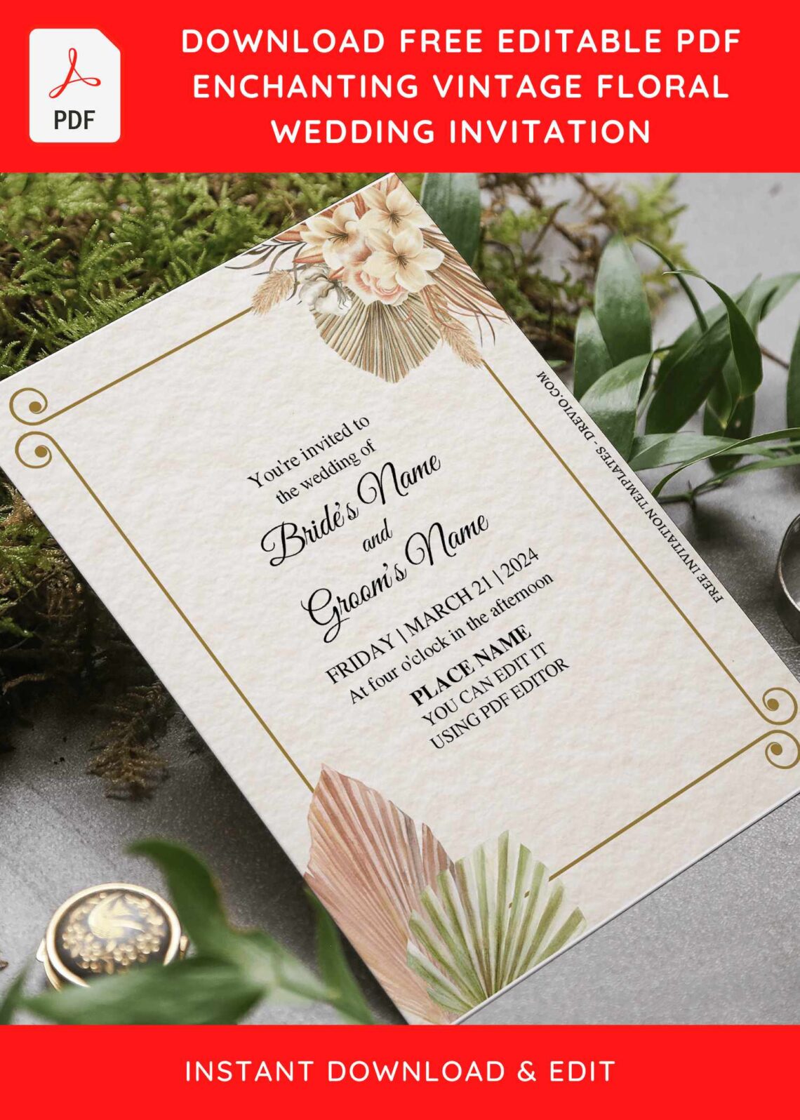 (Free Editable PDF) Simple Vintage Floral Wedding Invitation Templates with Boho Pampas Grass