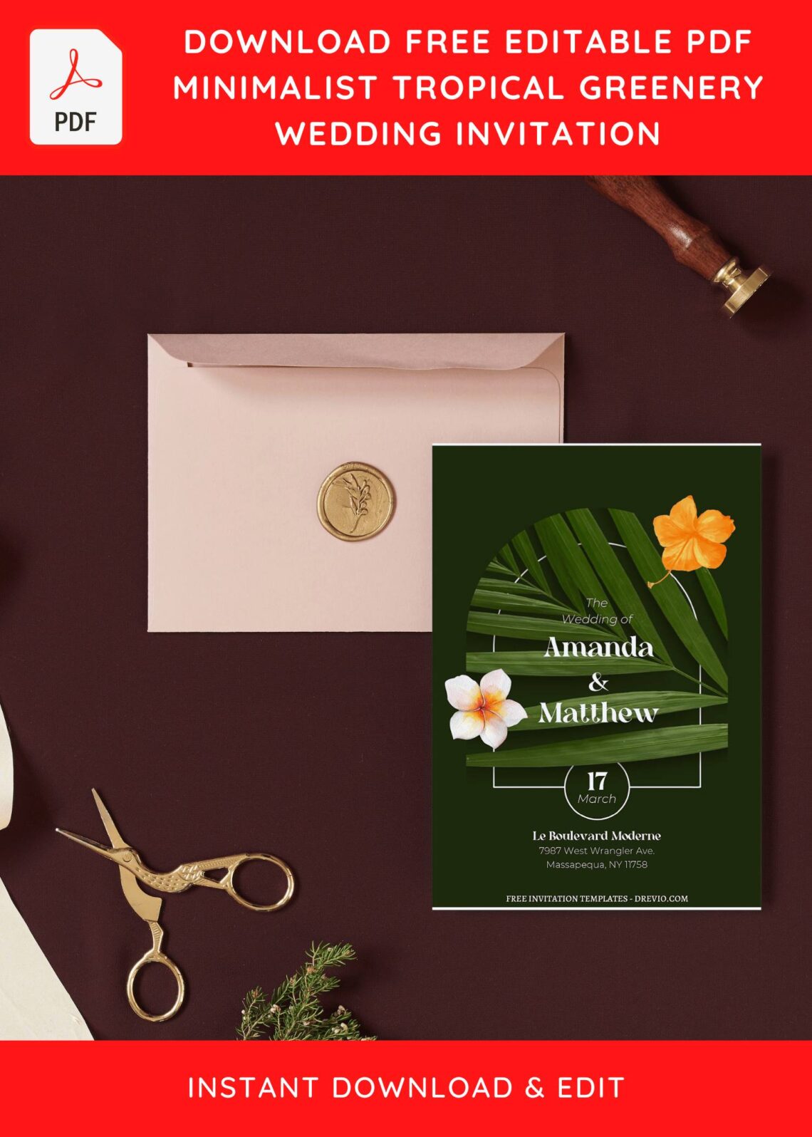 (Free Editable PDF) Stylish Tropical Foliage Wedding Invitation Templates with enchanting Hawaiian Plumeria flower
