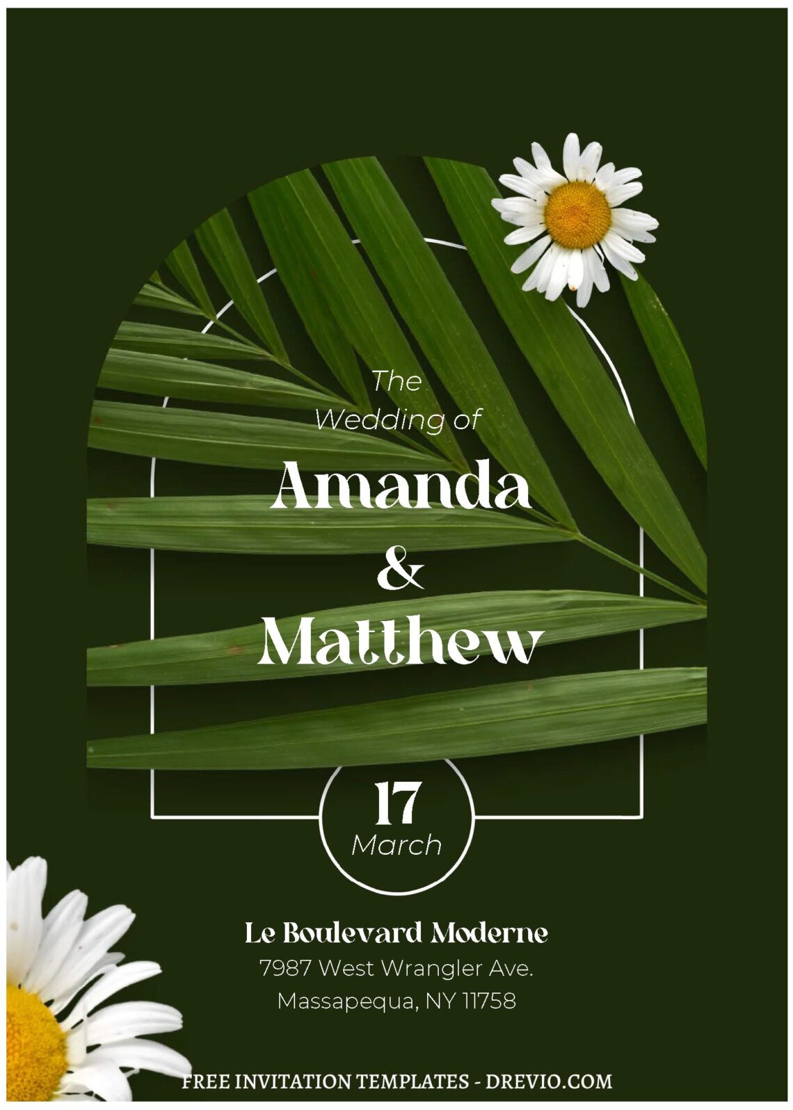 (Free Editable PDF) Stylish Tropical Foliage Wedding Invitation Templates with dark sage green background
