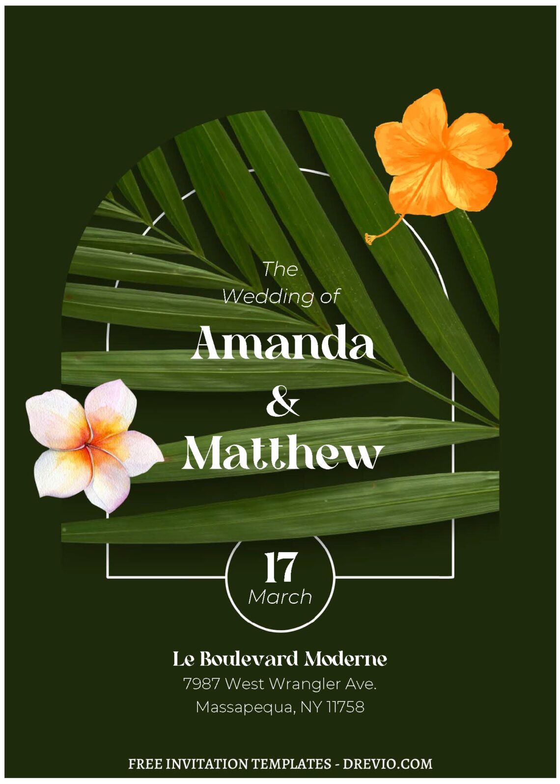 (Free Editable PDF) Stylish Tropical Foliage Wedding Invitation Templates with Hawaiian Hibiscus
