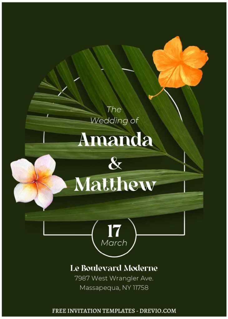 (Free Editable PDF) Stylish Tropical Foliage Wedding Invitation Templates with Hawaiian Hibiscus
