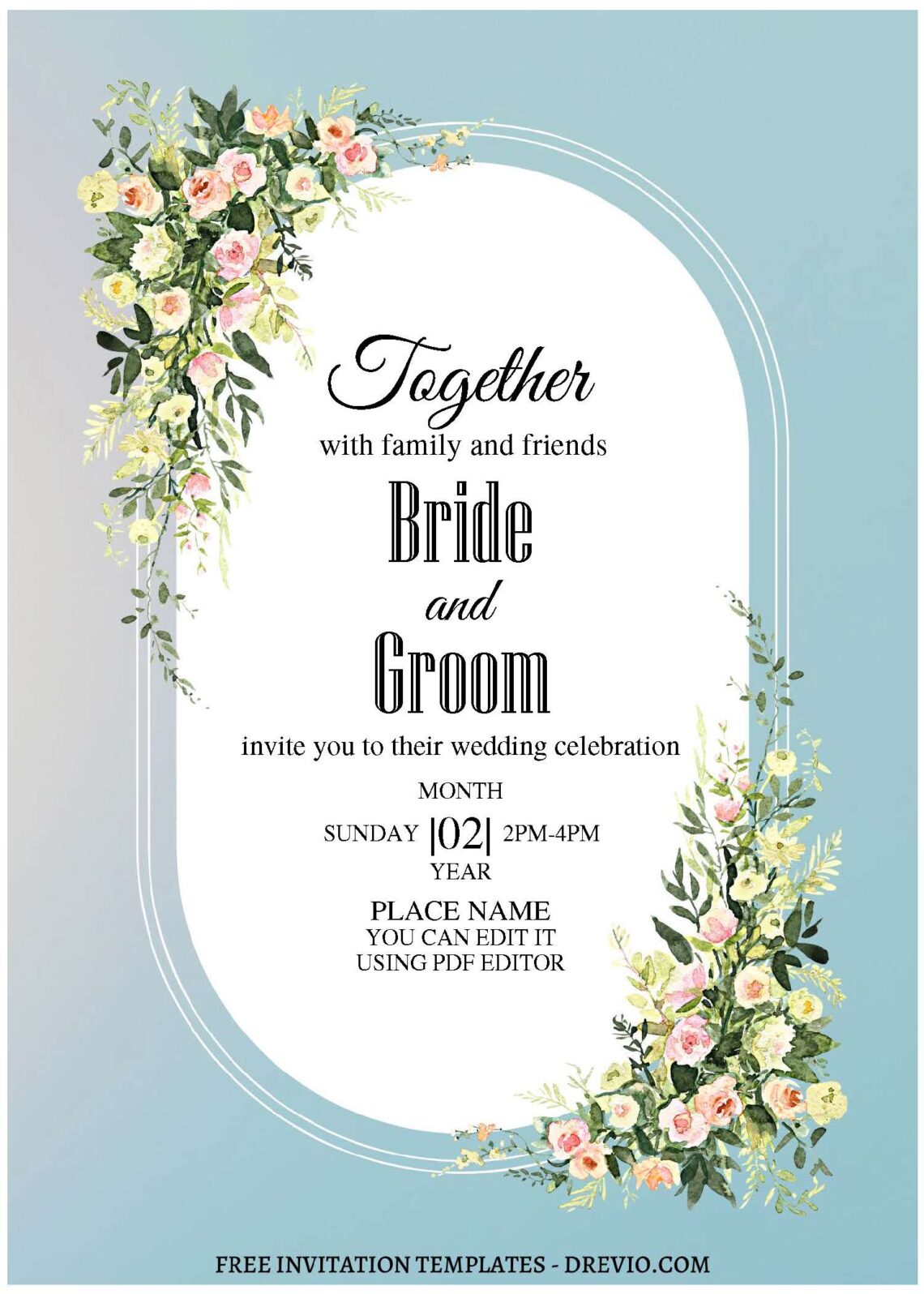 (Free Editable PDF) Soft & Muted Watercolor Floral Wedding Invitation Templates with pale pink background