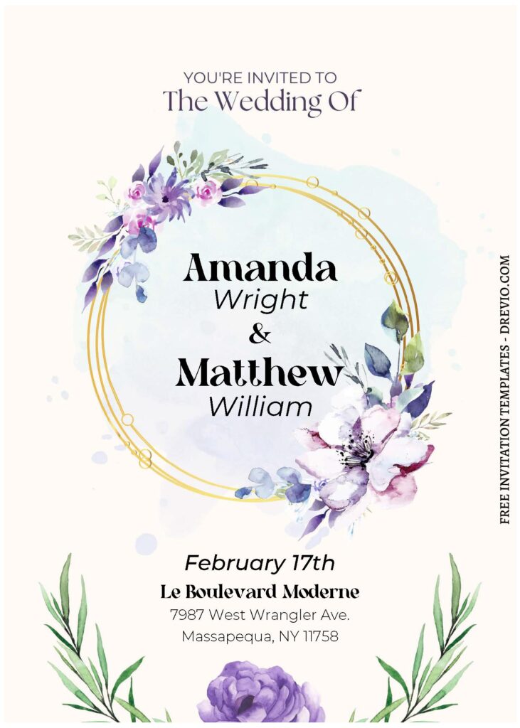 (Free Editable PDF) Dazzling Gold Frame & Floral Wedding Invitation Templates with white bluish poppy