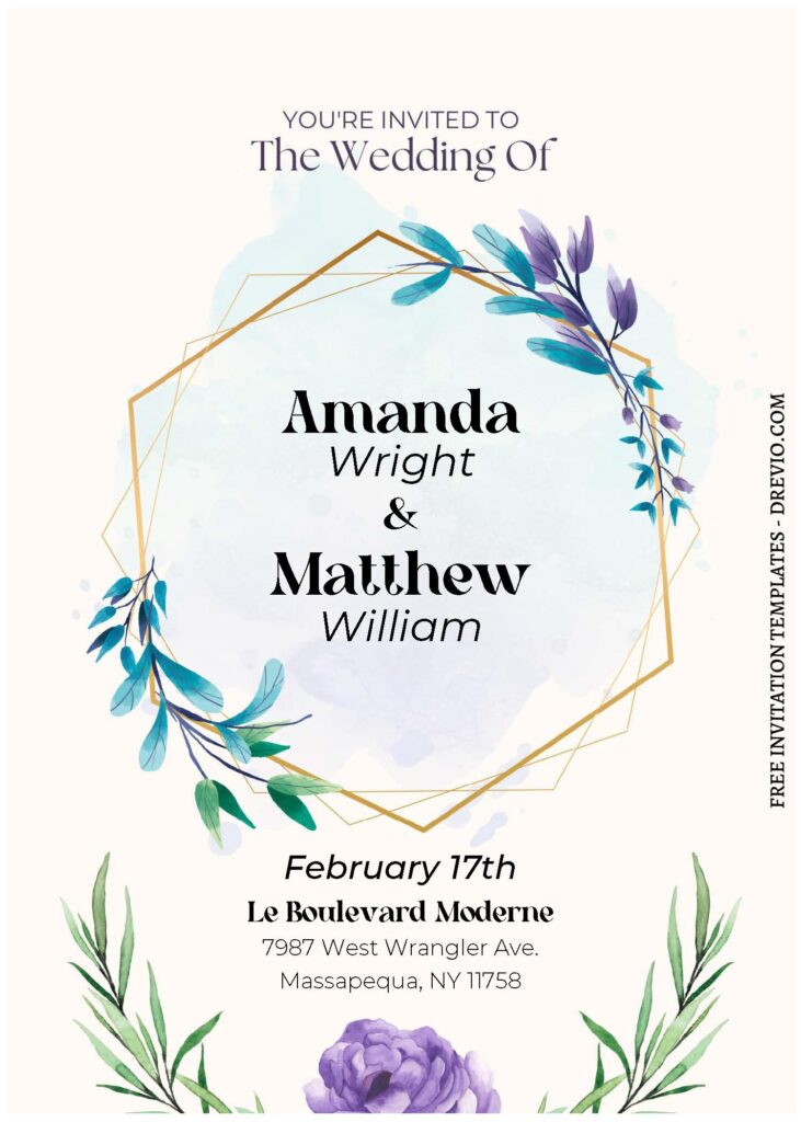 (Free Editable PDF) Dazzling Gold Frame & Floral Wedding Invitation Templates with blue leaf