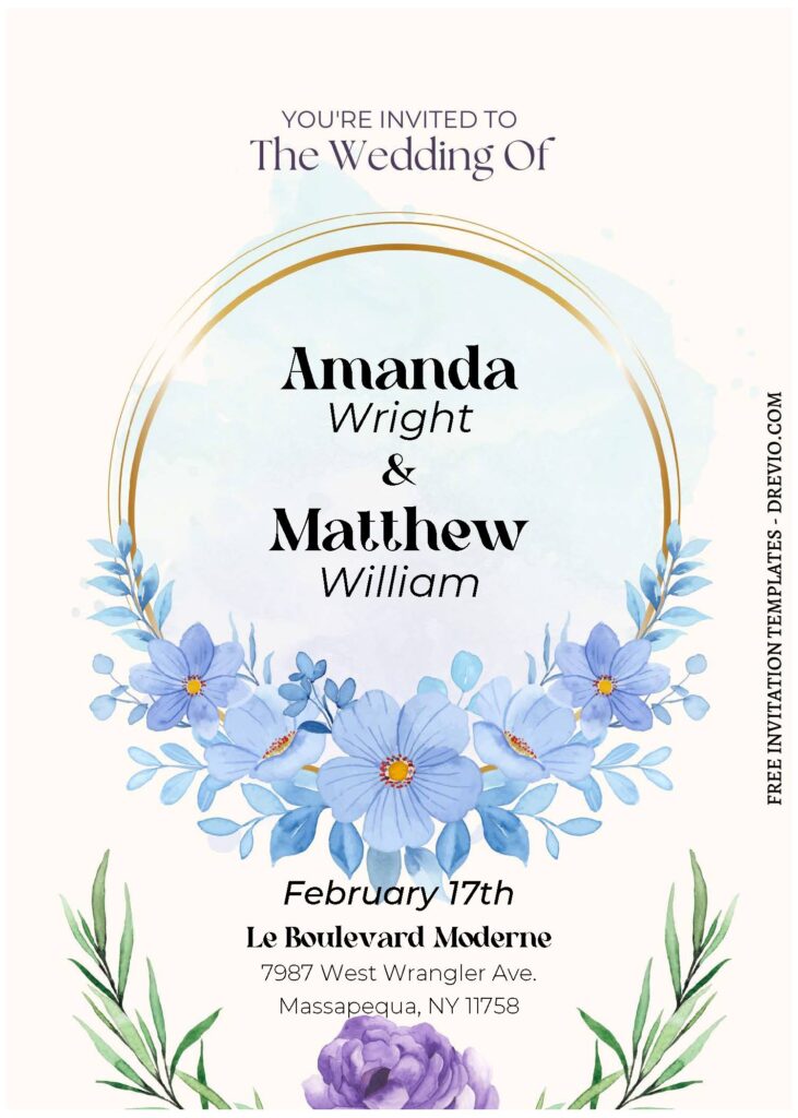 (Free Editable PDF) Dazzling Gold Frame & Floral Wedding Invitation Templates with blue watercolor roses