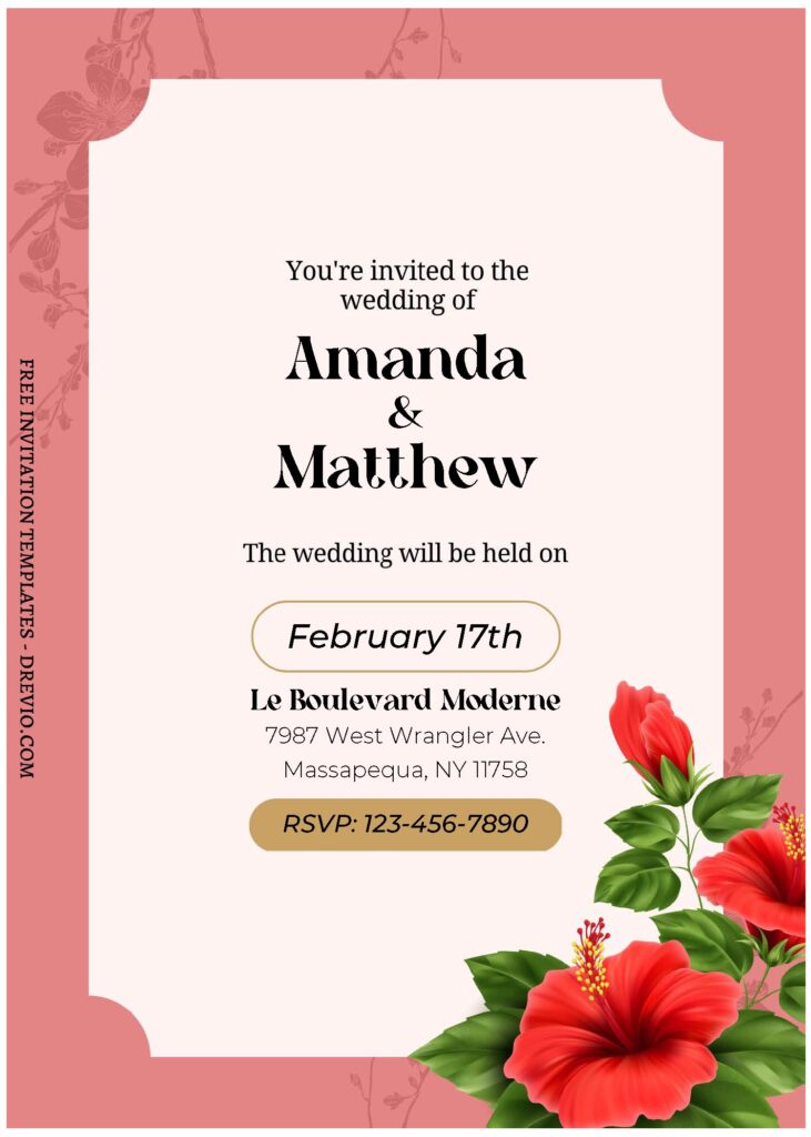 (Free Editable PDF) Watercolor Hibiscus Summer Wedding Invitation Templates with crimson red hibiscus and poppy