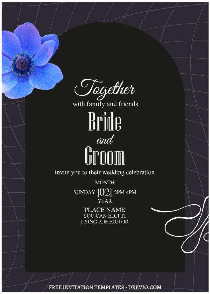 (Free Editable PDF) Magic Garden Wedding Invitation Templates with dreamy blue anemone flower