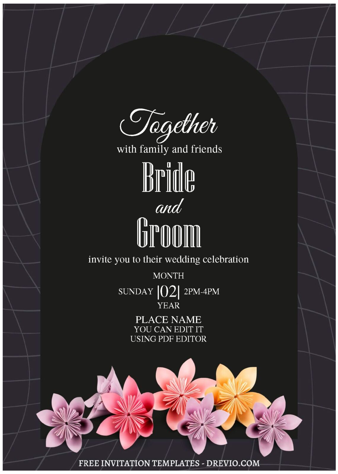 (Free Editable PDF) Magic Garden Wedding Invitation Templates with dark raisin black background