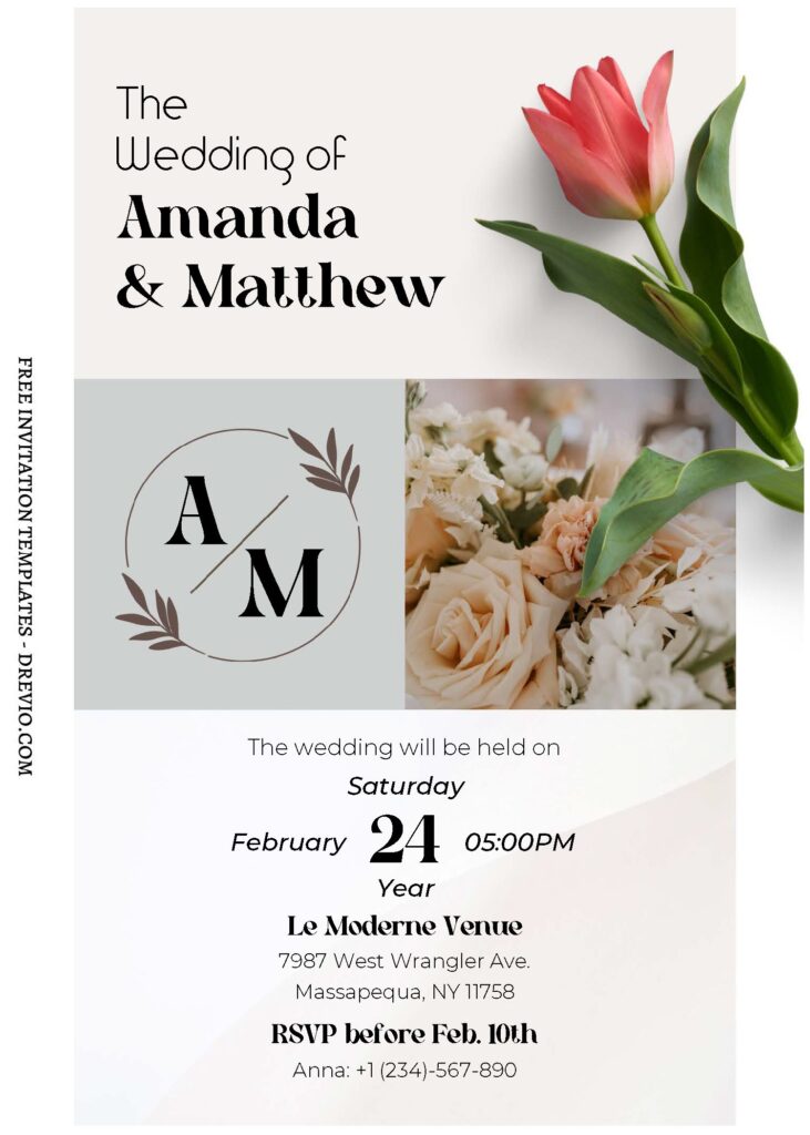 (Free Editable PDF) Floral Statement Wedding Invitation Templates with chic pink tulip
