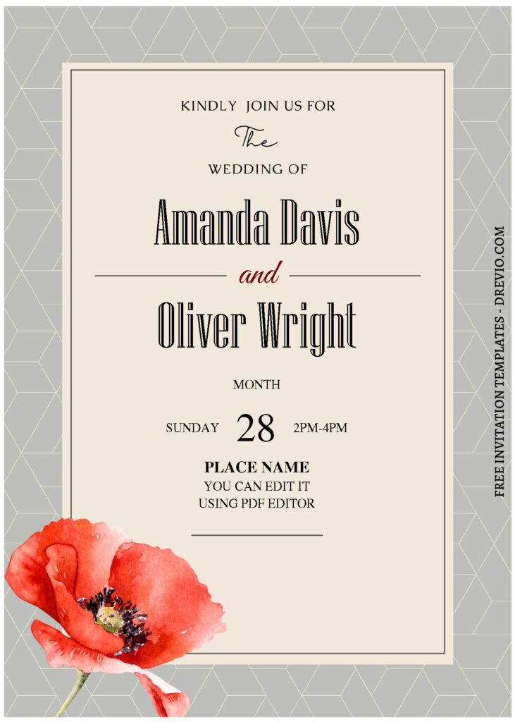 (Free Editable PDF) Dreamy Spring Poppy Wedding Invitation Templates with modern design