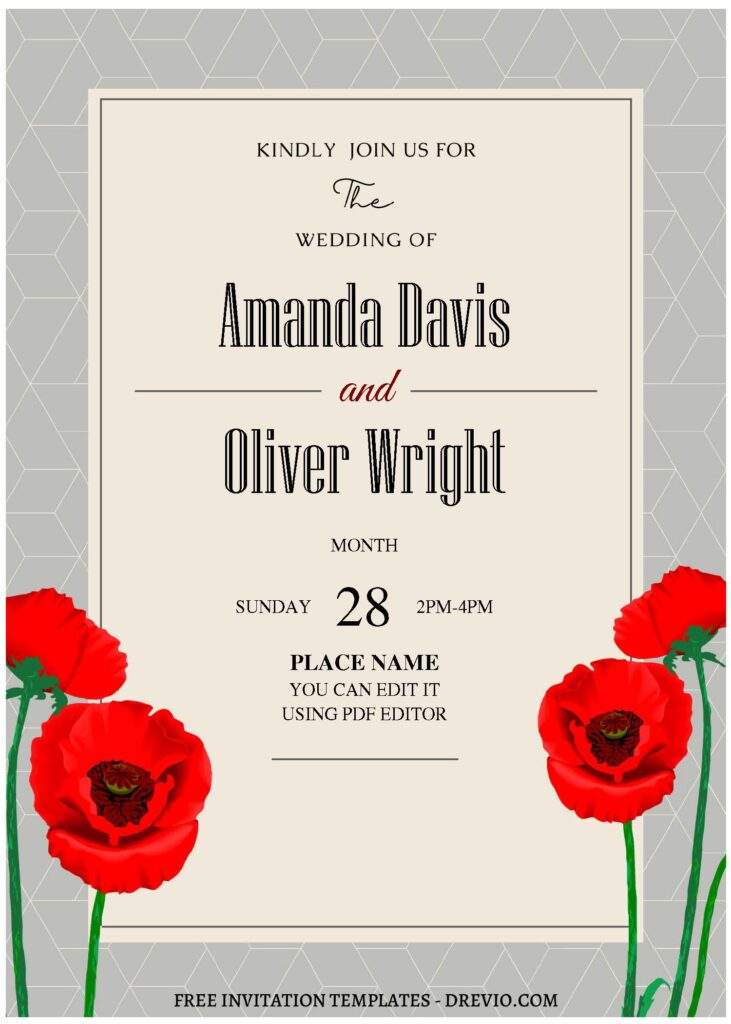 (Free Editable PDF) Dreamy Spring Poppy Wedding Invitation Templates with elegant font styles