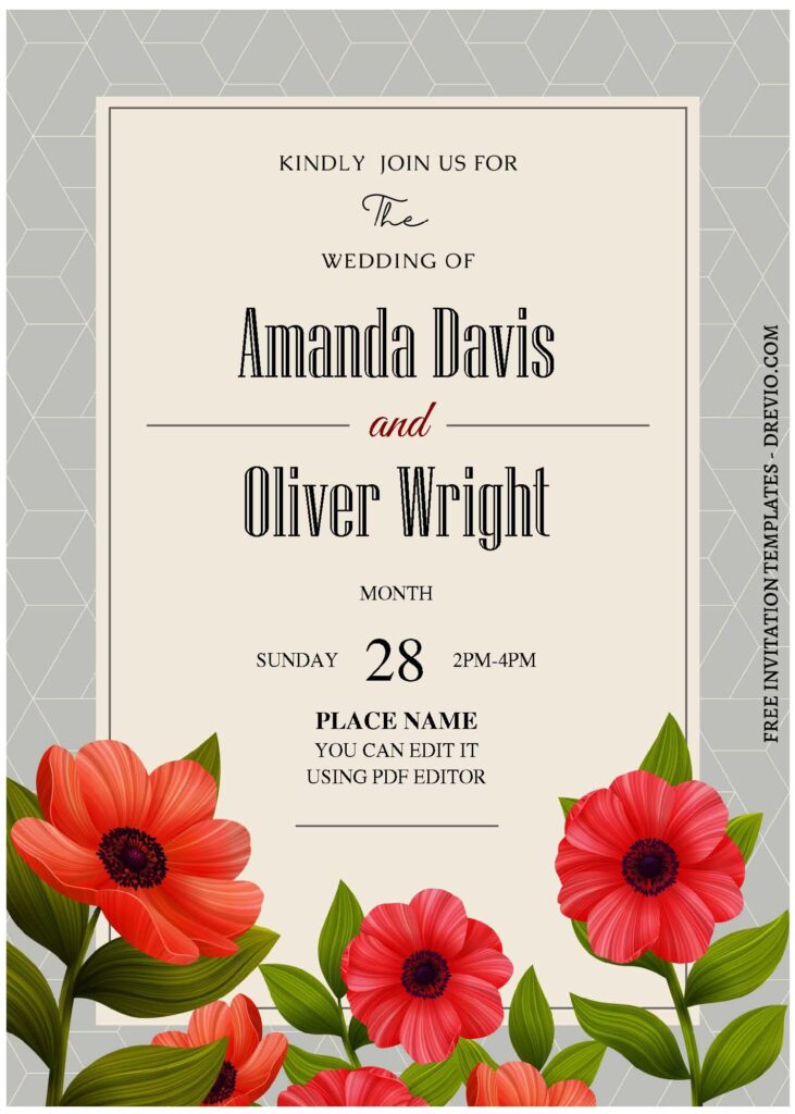 (Free Editable PDF) Dreamy Spring Poppy Wedding Invitation Templates with romantic red poppy