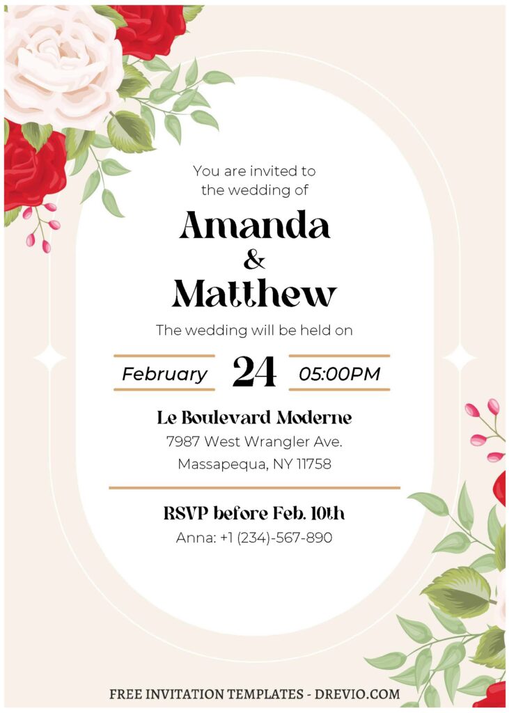 (Free Editable PDF) Cheery Spring Flowers Wedding Invitation Templates with romantic red rose