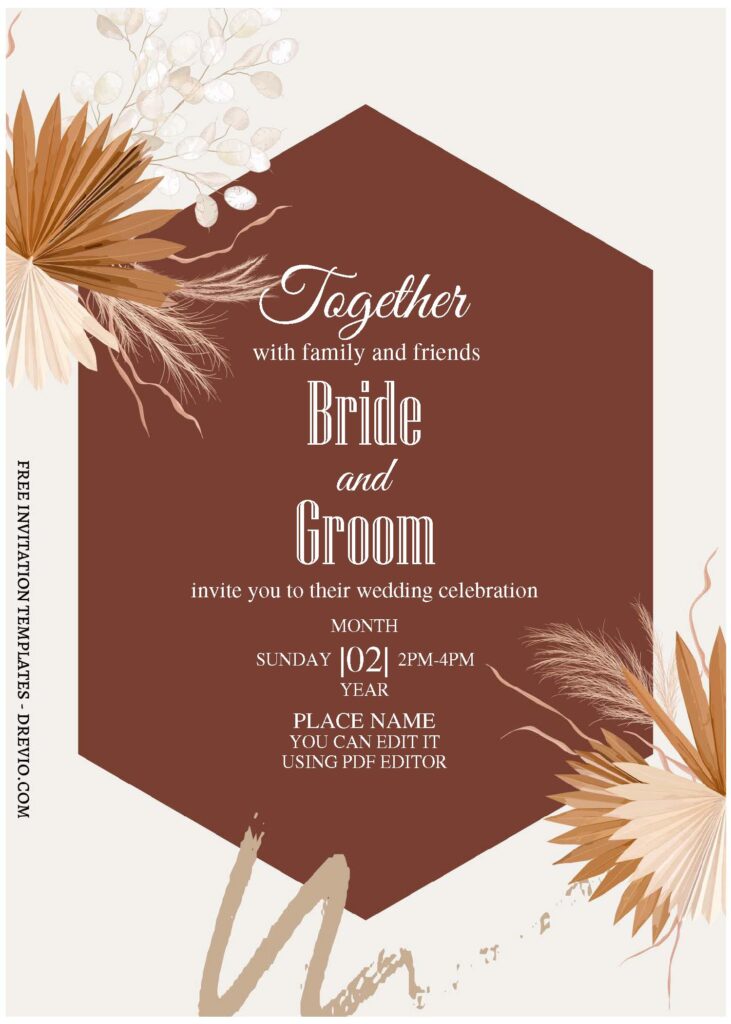 (Free Editable PDF) Earthy Bohemian Style Wedding Invitation Templates with dried foliage