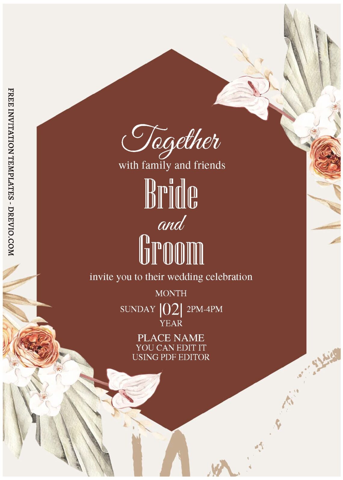 (Free Editable PDF) Earthy Bohemian Style Wedding Invitation Templates with hexagon shaped text box