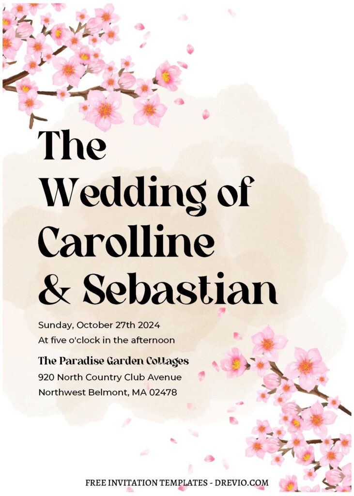 (Free Editable PDF) Chic Sakura Garden Soiree Wedding Invitation Templates  with enchanting Cherry Blossom