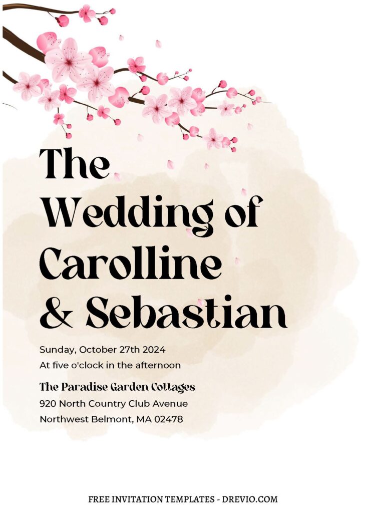 (Free Editable PDF) Chic Sakura Garden Soiree Wedding Invitation Templates  with gorgeous watercolor Japanese Sakura