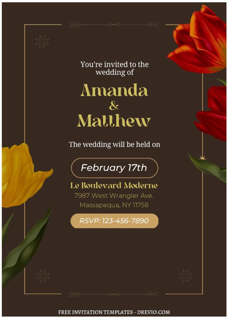 (Free Editable PDF) Picturesque Tulip Wedding Invitation Templates with crimson red tulips