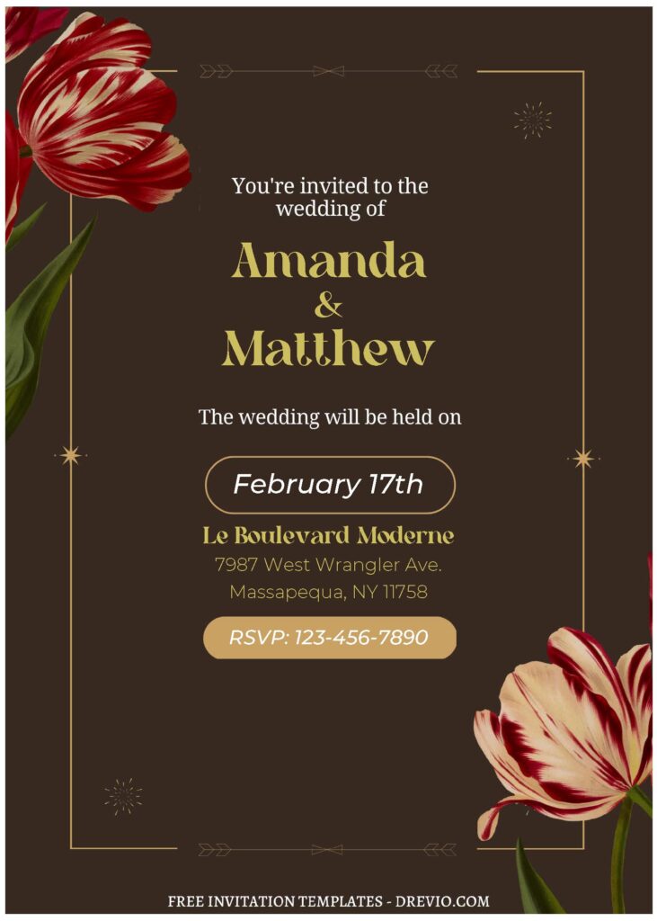 (Free Editable PDF) Picturesque Tulip Wedding Invitation Templates with dark brown background