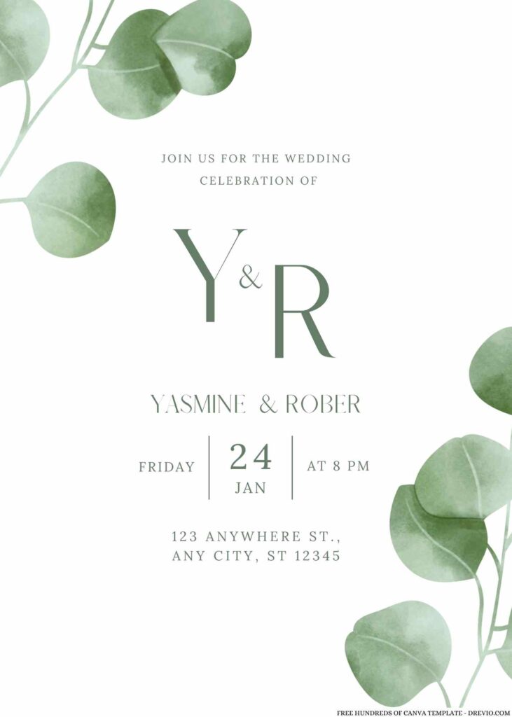 Invitation Template of 14+ Rustic Eucalyptus Watercolor Green Canva Wedding Invitation Templates 1