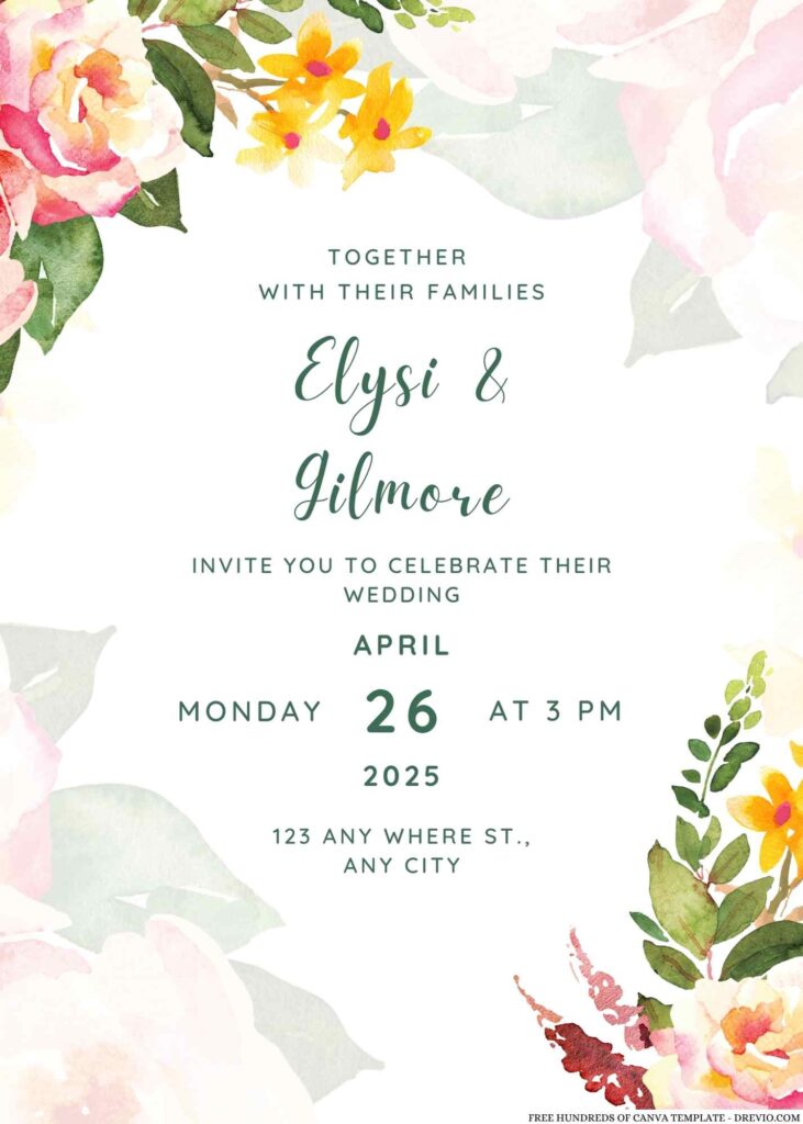 Invitation Template of 14+ Watercolor Green Leaves Pink Floral Canva Wedding Invitation Templates 1