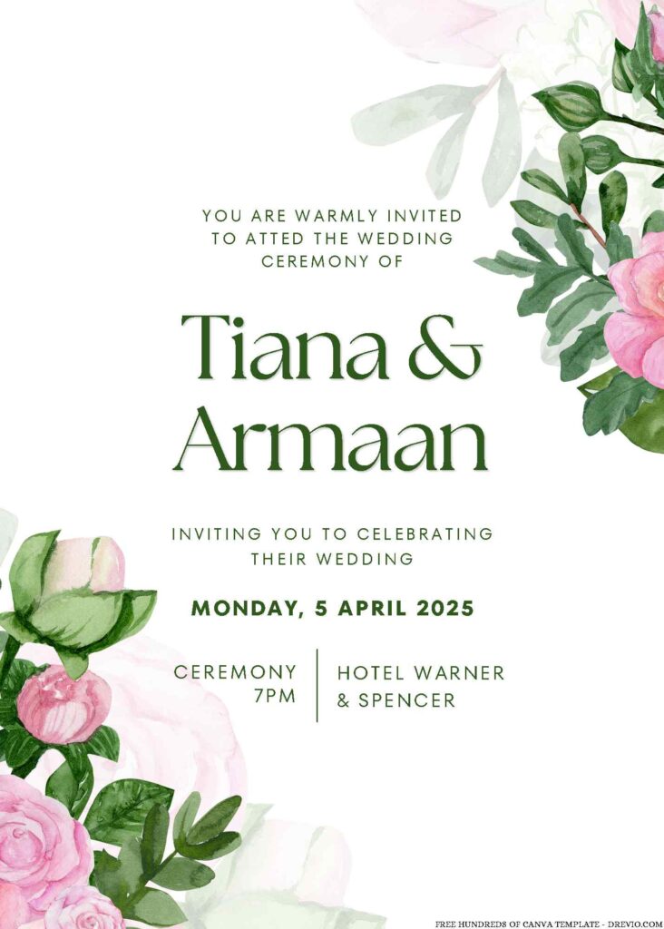 Invitation Template of 14+ Watercolor Green Leaves White Floral Canva Wedding Invitation Templates 1