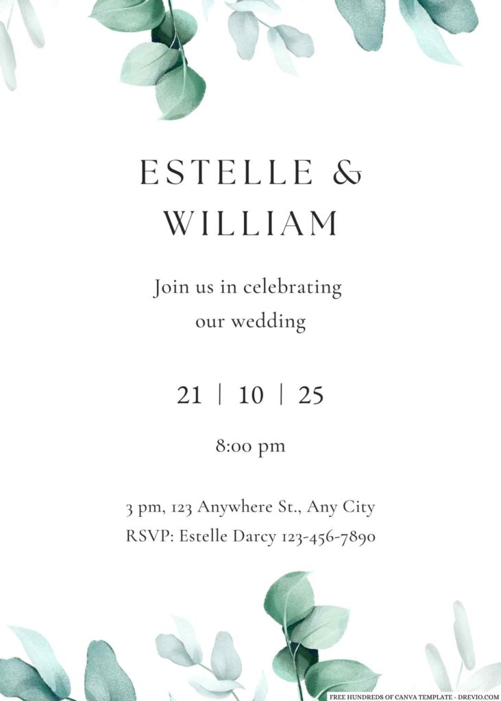 Invitation Template of 14+ Watercolor Greenery Eucalyptus Canva Wedding Invitation Templates 1