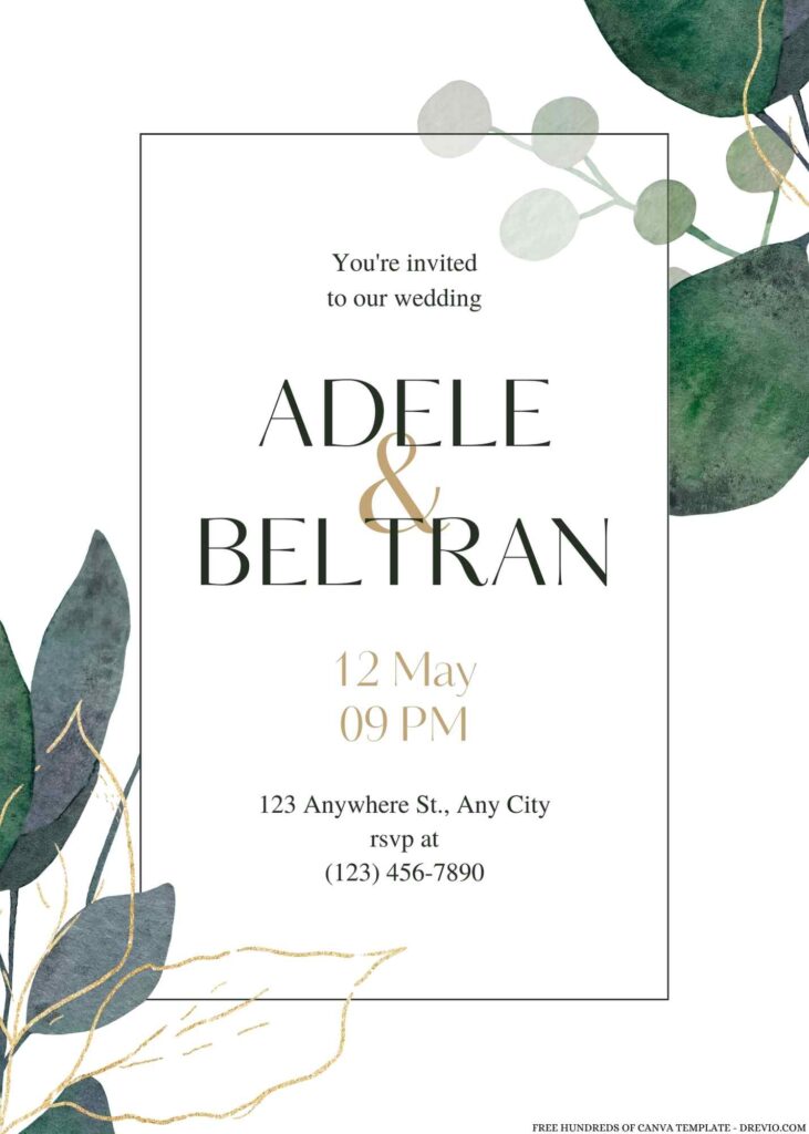 Free Editable Bouquet Green Gold Leaves Wedding Invitation