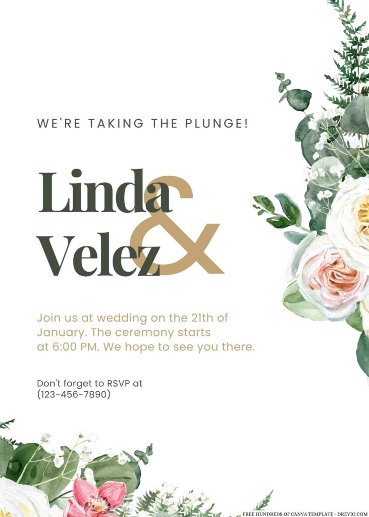 Free Editable Watercolor Floral Green Leaves Wedding Invitation