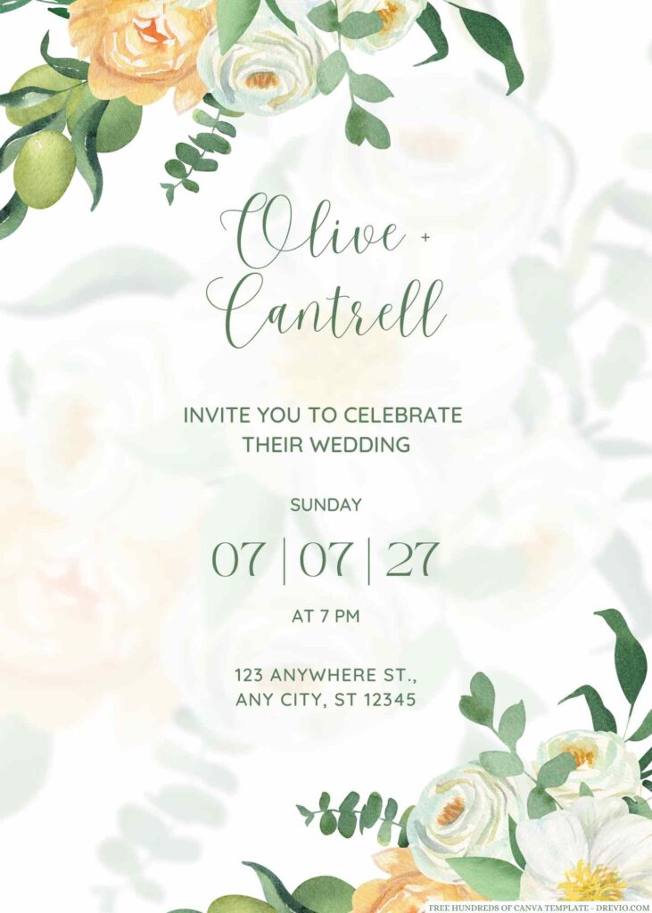 Free Editable Watercolor Greenery White Peonies Wedding Invitation