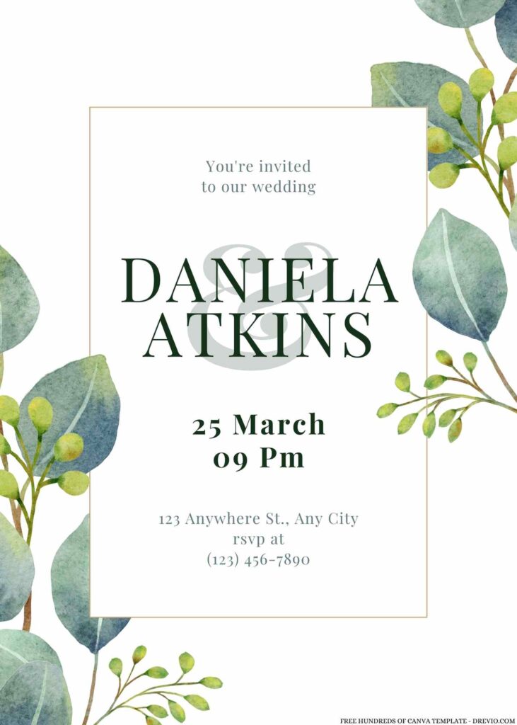 Free Editable Bouquet Eucalyptus Green Leaves Wedding Invitation