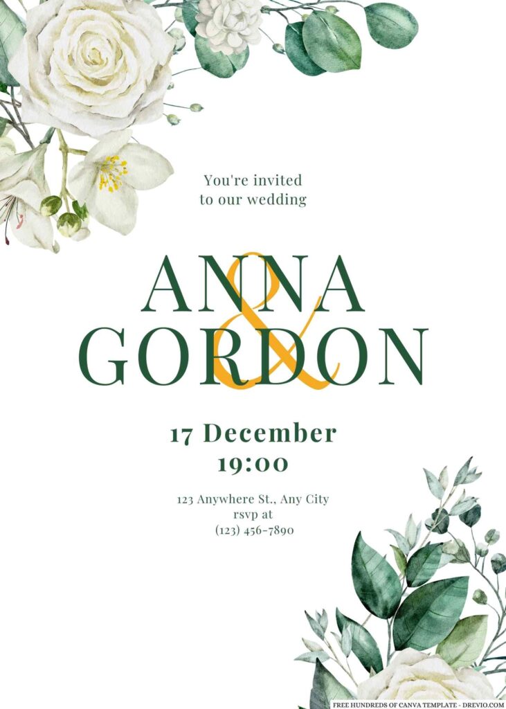 Invitation Template of 18+ Green Leaves White Roses Canva Wedding Invitation Templates 1