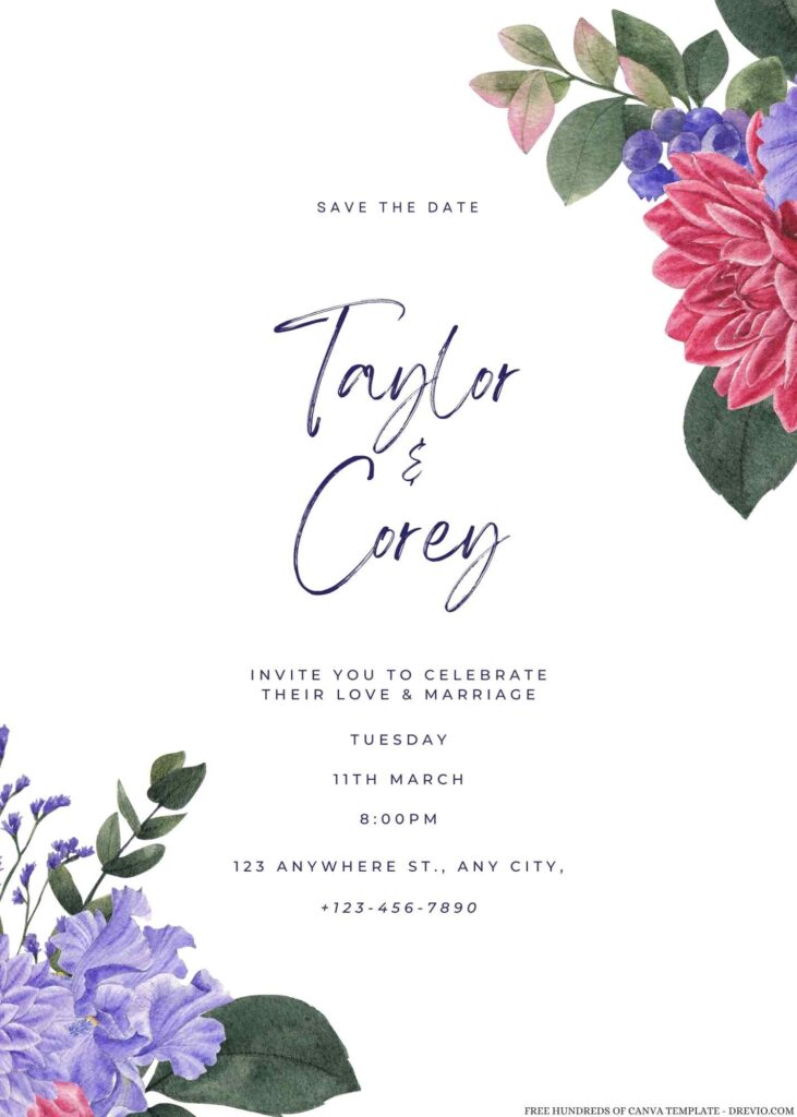 Free Editable Watercolor Mauve Floral Wedding Invitation