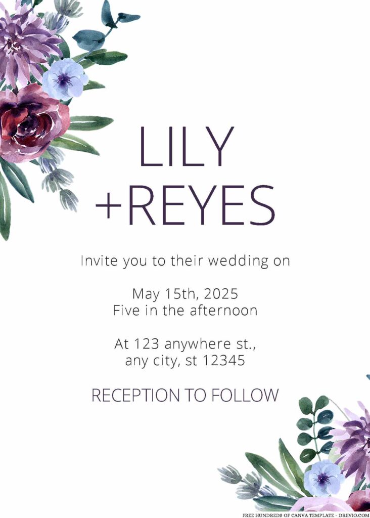 20+ Watercolor Purple Blue Floral Canva Wedding Invitation Templates