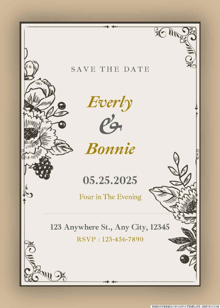 Free Editable Line Floral Border Frame Vintage Wedding Invitation